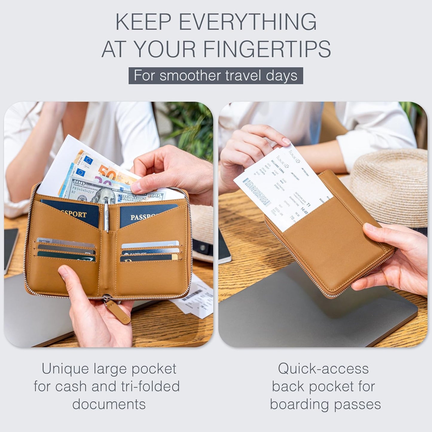 Full Grain Leather Passport Holder for 2 Passports - Dual Passport Holder and Travel Documents Organizer - RFID Travel Wallet for Couples - Camel