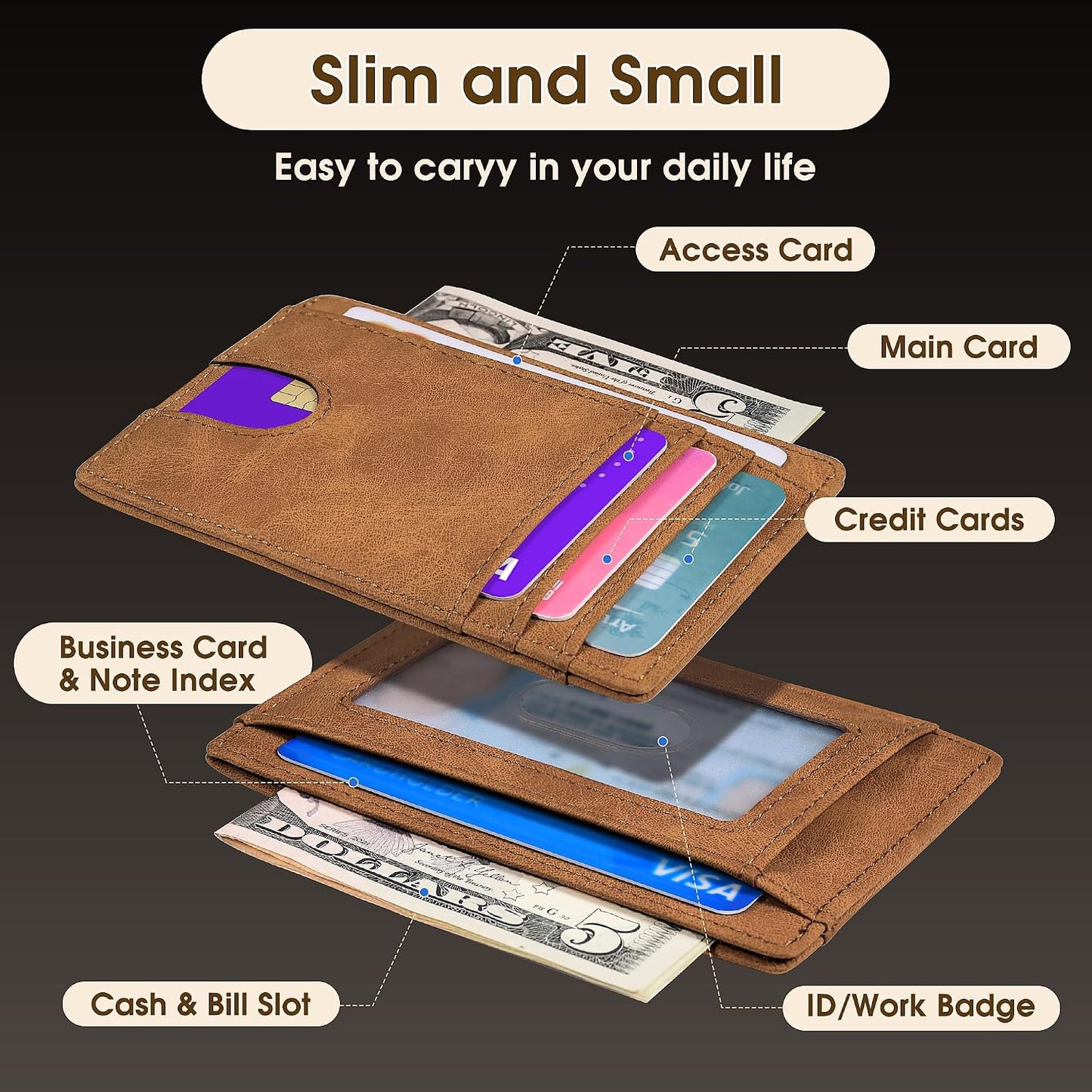Slim Minimalist Wallet for Men,Front Pocket Wallet RFID Blocking Small Thin Credit Card Holder,Id Card Case Gift for Men Brown