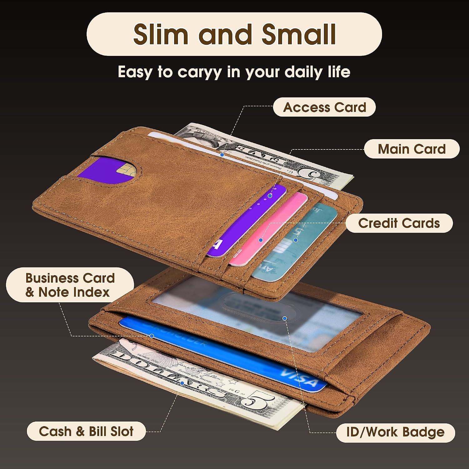 Slim Minimalist Wallet for Men,Front Pocket Wallet RFID Blocking Small Thin Credit Card Holder,Id Card Case Gift for Men Brown